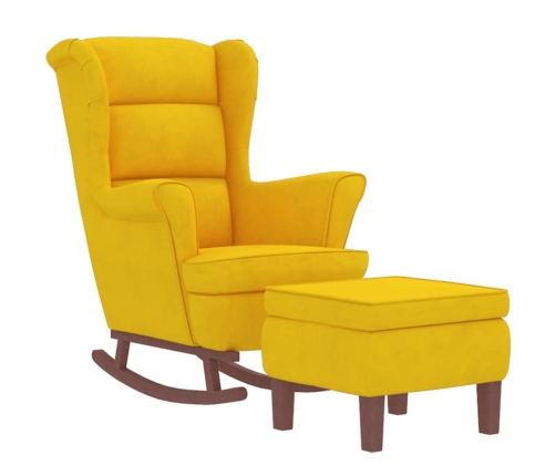 Sillón mecedora patas madera y taburete terciopelo amarillo