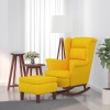 Sillón mecedora patas madera y taburete terciopelo amarillo