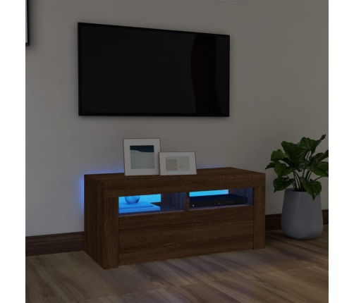 Mueble de TV con luces LED roble marrón 90x35x40 cm