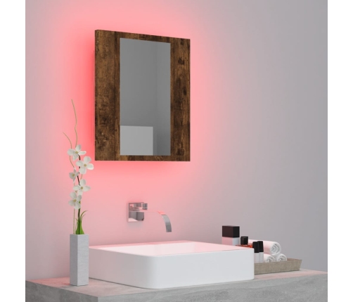 Armario de baño con espejo LED madera roble ahumado 40x12x45 cm