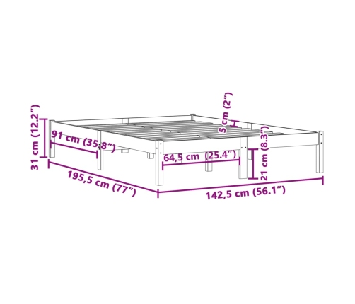 Estructura de cama sin colchón madera maciza de pino 137x190 cm