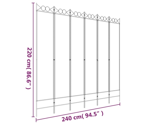 Biombo divisor de 6 paneles de tela blanco 240x220 cm