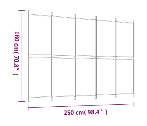 Biombo divisor de 5 paneles de tela blanco 250x180 cm