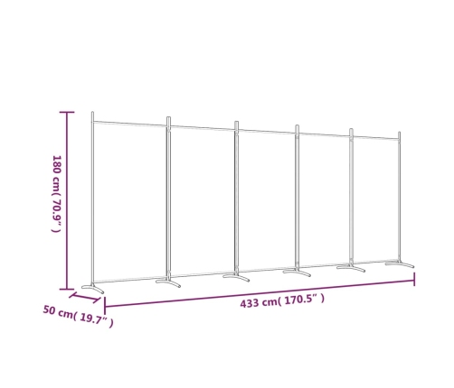 Biombo divisor de 5 paneles de tela marrón 433x180 cm