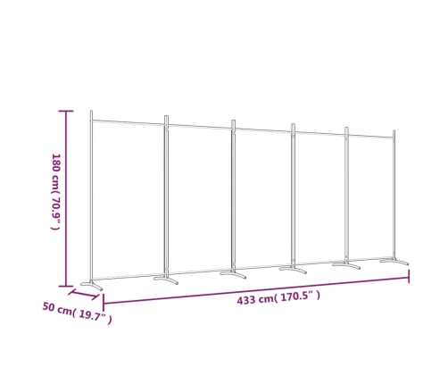 Biombo divisor de 5 paneles de tela gris antracita 433x180 cm