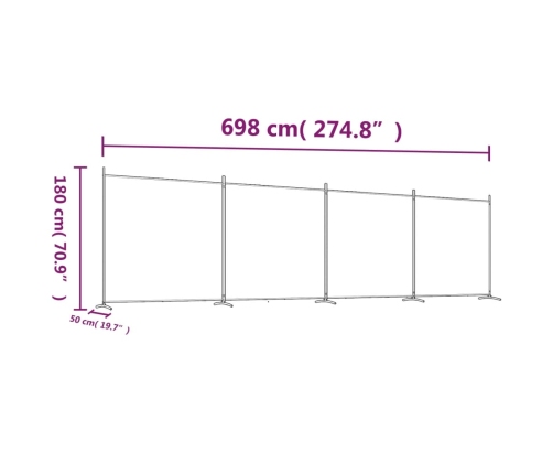 Biombo divisor de 4 paneles de tela blanco 698x180 cm