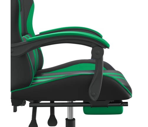 Silla gaming giratoria y reposapiés cuero sintético negro verde