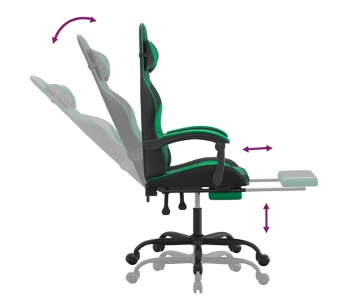 Silla gaming giratoria y reposapiés cuero sintético negro verde