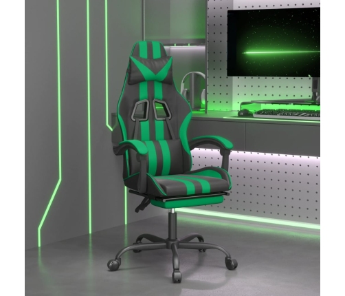 Silla gaming giratoria y reposapiés cuero sintético negro verde