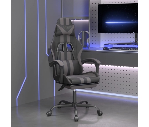 Silla gaming giratoria y reposapiés cuero sintético negro gris