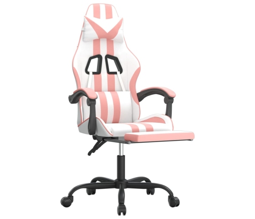 Silla gaming giratoria y reposapiés cuero sintético blanco rosa