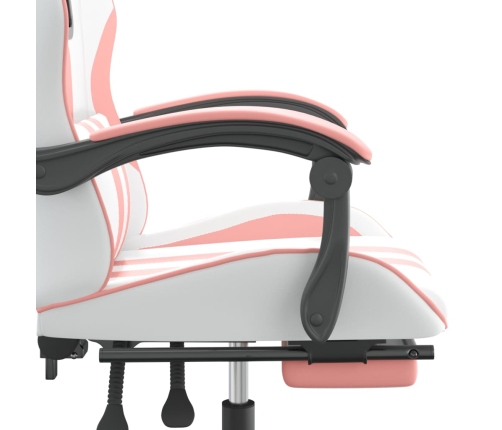 Silla gaming giratoria y reposapiés cuero sintético blanco rosa