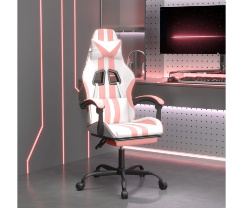 Silla gaming giratoria y reposapiés cuero sintético blanco rosa