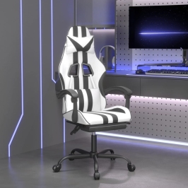 Silla gaming giratoria reposapiés cuero sintético blanco negro