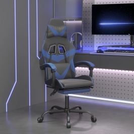 Silla gaming giratoria y reposapiés cuero sintético negro azul