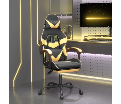 Silla gaming giratoria reposapiés cuero sintético negro dorado