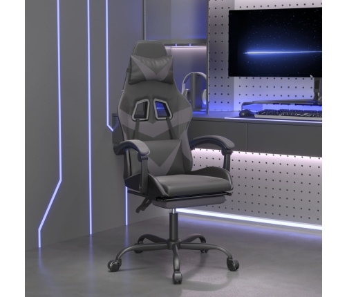 Silla gaming giratoria y reposapiés cuero sintético negro gris