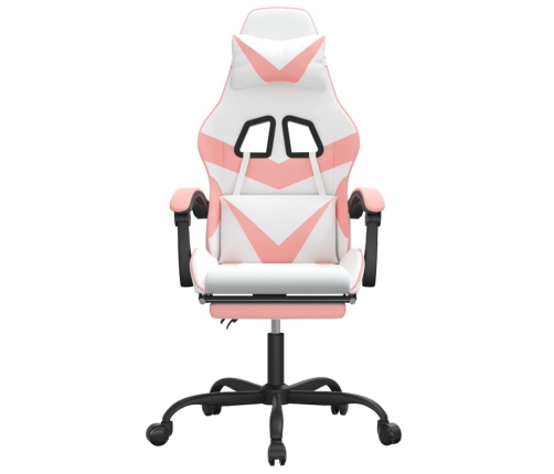 Silla gaming giratoria y reposapiés cuero sintético blanco rosa