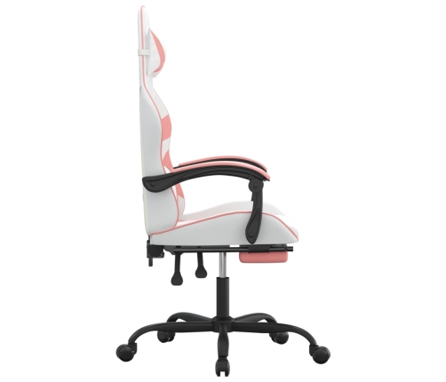 Silla gaming giratoria y reposapiés cuero sintético blanco rosa