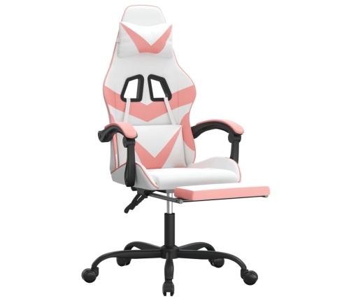 Silla gaming giratoria y reposapiés cuero sintético blanco rosa