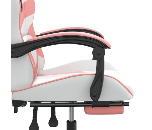 Silla gaming giratoria y reposapiés cuero sintético blanco rosa