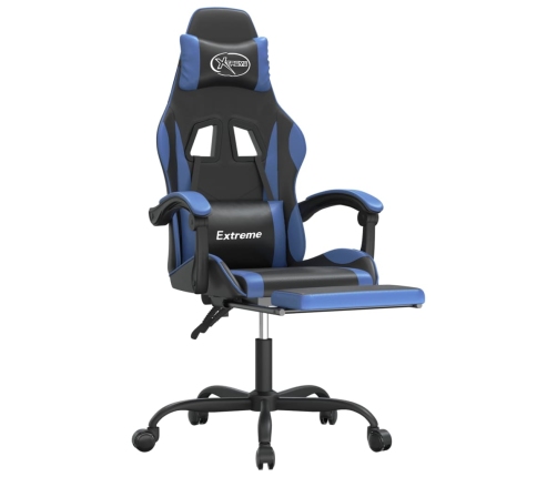 Silla gaming giratoria y reposapiés cuero sintético negro azul