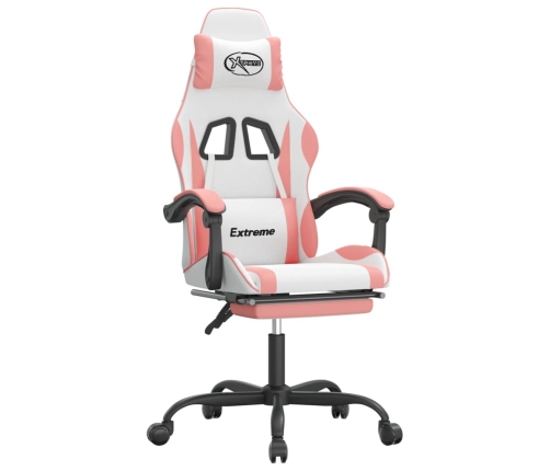 Silla gaming giratoria y reposapiés cuero sintético blanco rosa