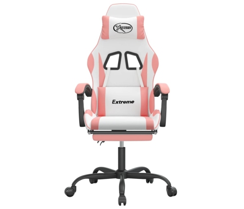 Silla gaming giratoria y reposapiés cuero sintético blanco rosa