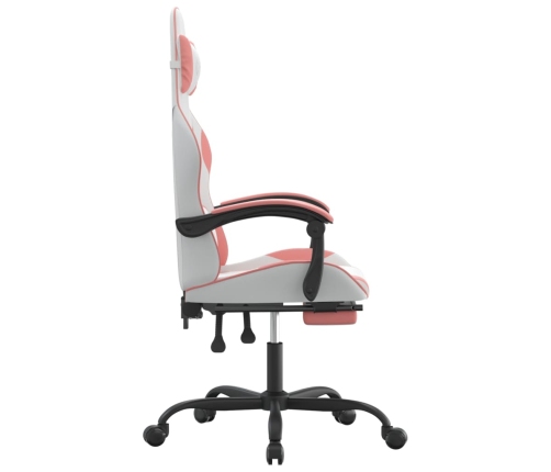 Silla gaming giratoria y reposapiés cuero sintético blanco rosa