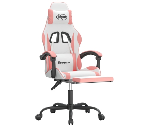 Silla gaming giratoria y reposapiés cuero sintético blanco rosa