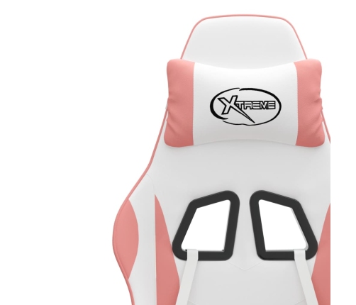 Silla gaming giratoria y reposapiés cuero sintético blanco rosa