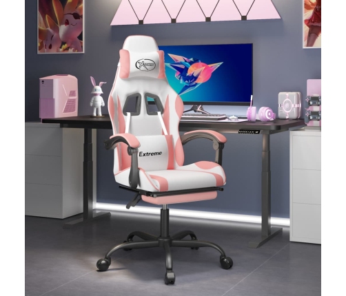 Silla gaming giratoria y reposapiés cuero sintético blanco rosa