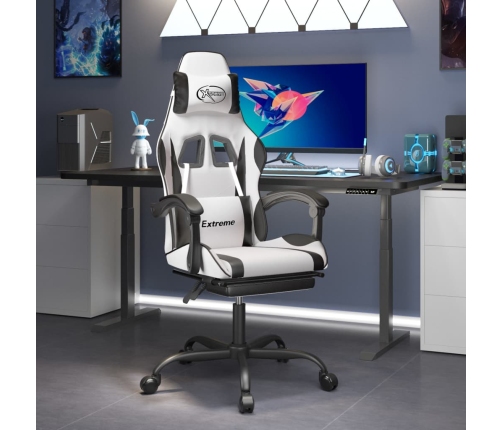 Silla gaming giratoria reposapiés cuero sintético blanco negro