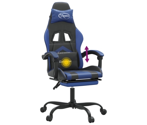 Silla gaming giratoria y reposapiés cuero sintético negro azul