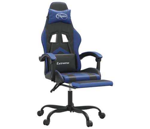 Silla gaming giratoria y reposapiés cuero sintético negro azul