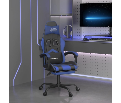 Silla gaming giratoria y reposapiés cuero sintético negro azul