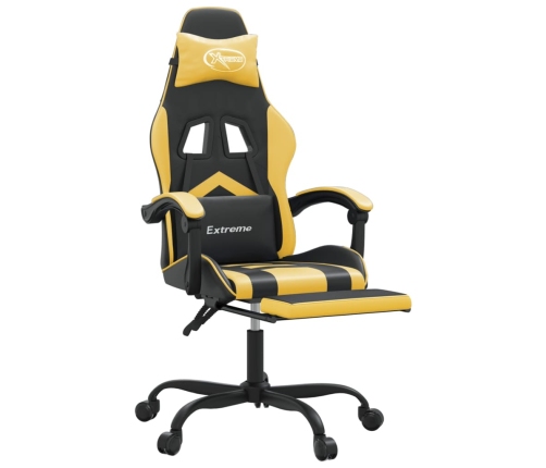 Silla gaming giratoria reposapiés cuero sintético negro dorado