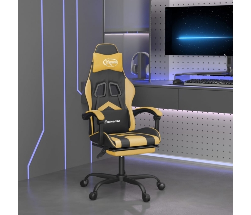 Silla gaming giratoria reposapiés cuero sintético negro dorado