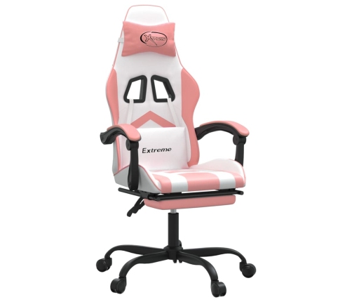 Silla gaming giratoria y reposapiés cuero sintético blanco rosa