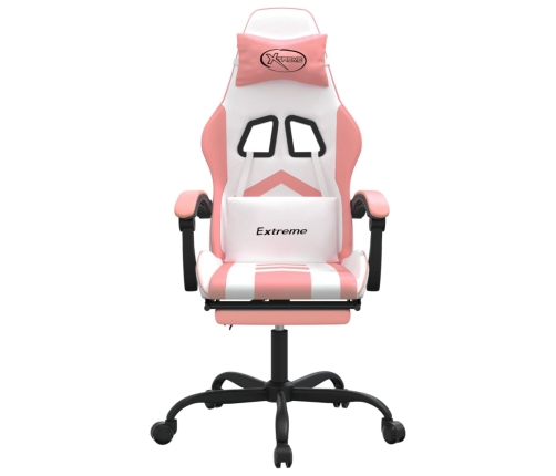 Silla gaming giratoria y reposapiés cuero sintético blanco rosa