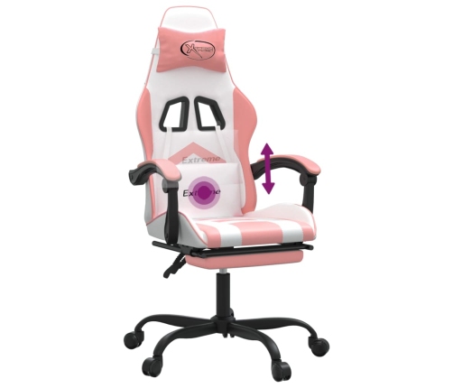 Silla gaming giratoria y reposapiés cuero sintético blanco rosa