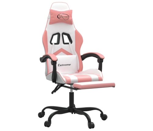 Silla gaming giratoria y reposapiés cuero sintético blanco rosa