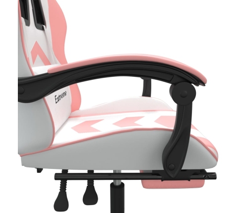 Silla gaming giratoria y reposapiés cuero sintético blanco rosa