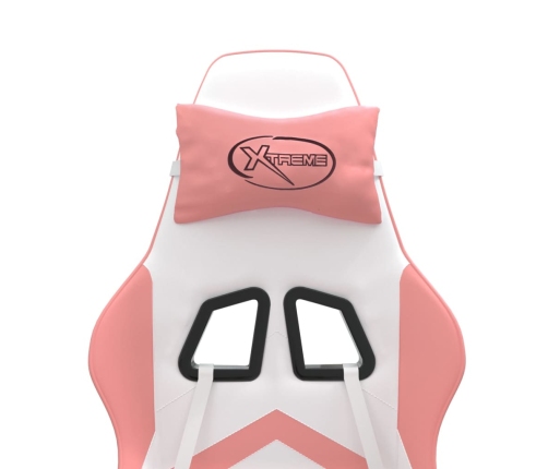 Silla gaming giratoria y reposapiés cuero sintético blanco rosa