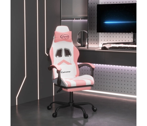 Silla gaming giratoria y reposapiés cuero sintético blanco rosa