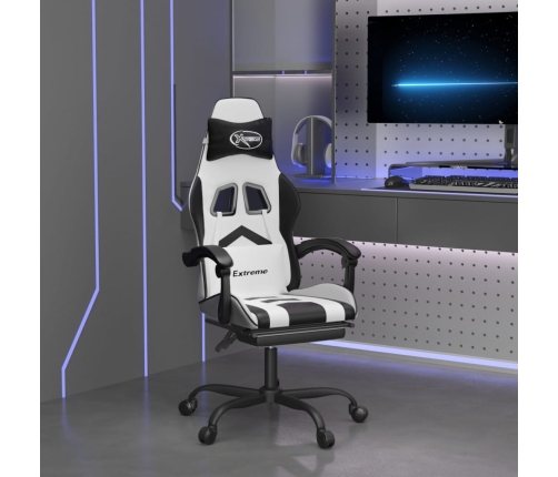 Silla gaming giratoria reposapiés cuero sintético blanco negro