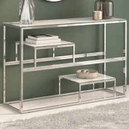 Mesa consola acero inoxidable plateado y vidrio templado