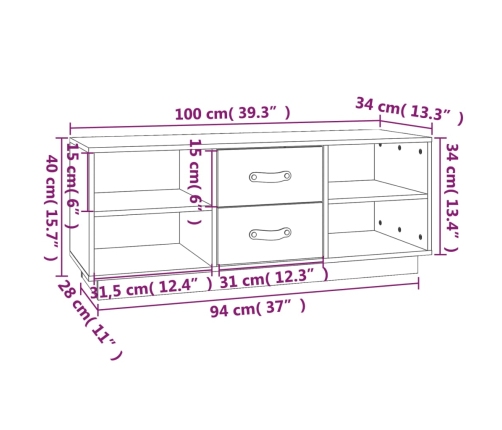 Mueble de TV de madera maciza de pino 100x34x40 cm