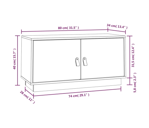 Mueble de TV de madera maciza de pino 80x34x40 cm