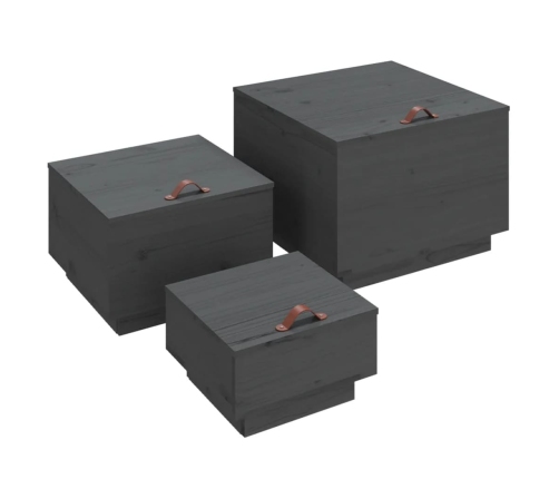 Cajas de almacenaje con tapa 3 pzas madera maciza pino gris